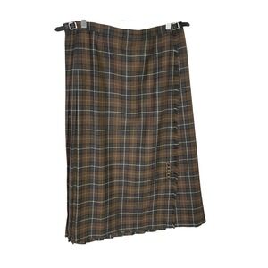 Unisex Wool Scottish Irish Kilt Skirt 36" Waist Brown Gray Tartan Plaid Gold Pin